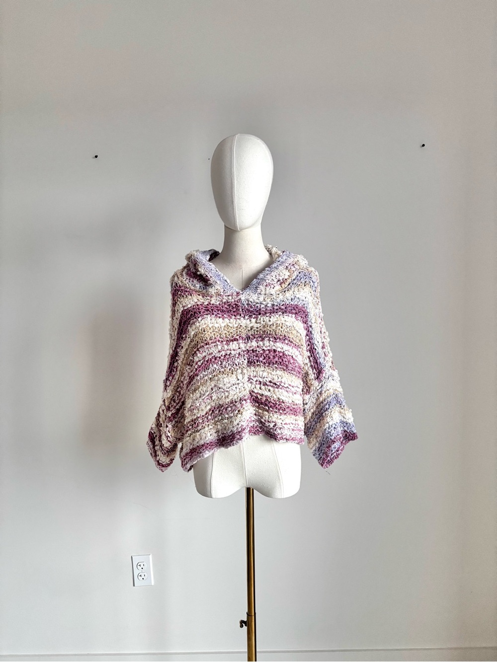 Pilcro Hooded Striped Poncho Sweater in Lavender and Cream
